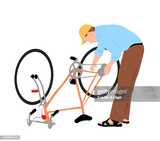 ilustraciones, imágenes clip art, dibujos animados e iconos de stock de hombre arreglando bicicleta - derailleur gear