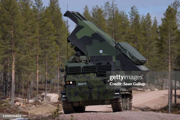 An M270 MLRS heavy rocket launcher of the Finnish military participates in the LIST 22 live-fire Lightning Strike military exercises at the Rovajärvi...