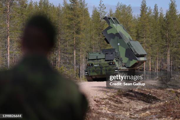 An M270 MLRS heavy rocket launcher of the Finnish military participates in the LIST 22 live-fire Lightning Strike military exercises at the Rovajärvi...