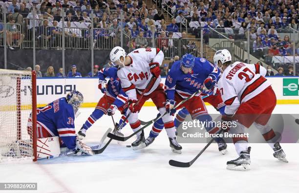 Jordan Staal of the Carolina Hurricanes is stopped by Igor Shesterkin of the New York Rangers in Game Three of the Second Round of the 2022 Stanley...