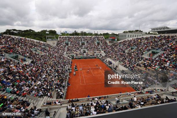 General view as Corentin Moutet of France plays against Stan Wawrinka of Switzerland at Court Suzanne Lenglen during the Men's Singles First Round...