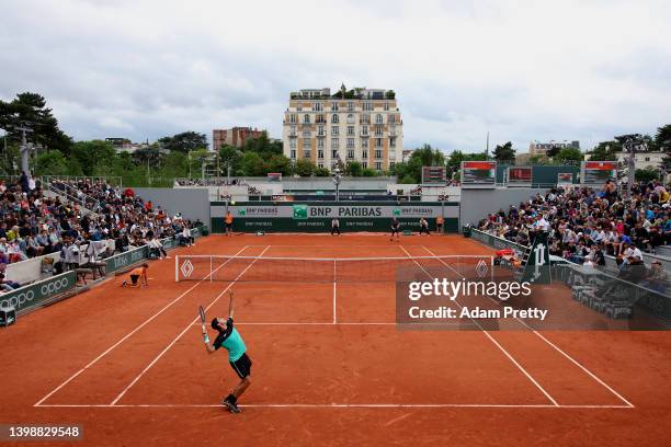 General view as Francisco Cerundolo of Argentina serves against Daniel Evans of Great Britain during the Men's Singles First Round match on Day 2 of...