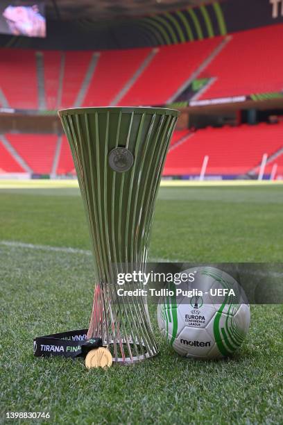 The UEFA Europa Conference League Trophy, Winner Medal and Molten Official Match Ball are seen at the Arena Kombetare on May 23, 2022 in Tirana,...