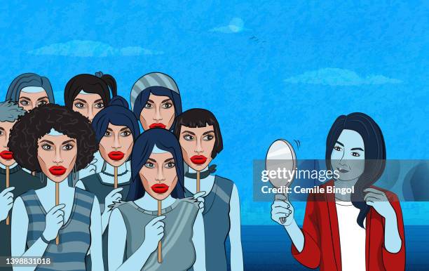 plastic surgery faces - women dressed the same stock illustrations