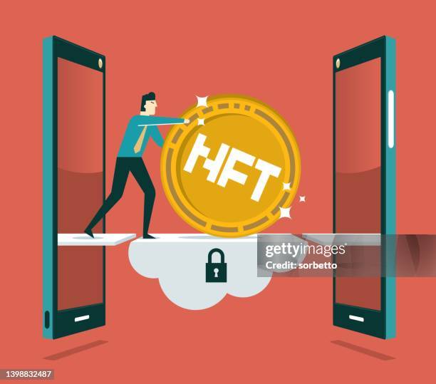 nft - cloud computing - businessman - man checking laptop stock illustrations