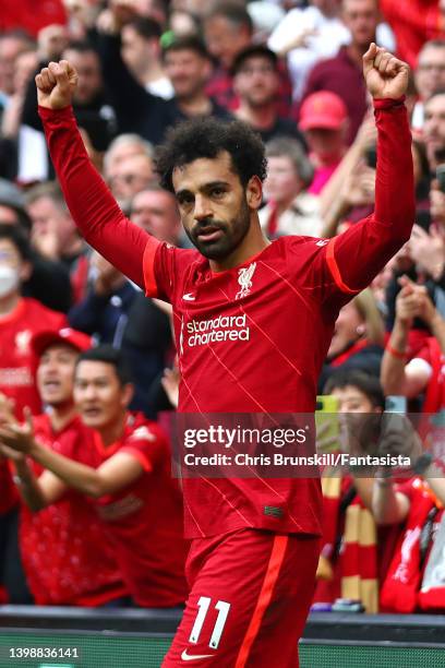 Mohamed Salah of Liverpool celebrates scoring his side's second goal during the Premier League match between Liverpool and Wolverhampton Wanderers at...