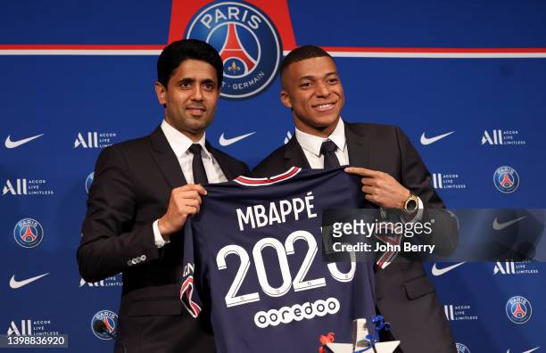 President of PSG Nasser Al Khelaifi and Kylian Mbappe of PSG during a press conference about the new contract of Kylian Mbappe with Paris...