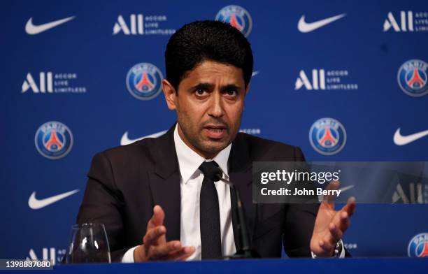 President of PSG Nasser Al Khelaifi during a press conference about the new contract of Kylian Mbappe with Paris Saint-Germain at the auditorium of...