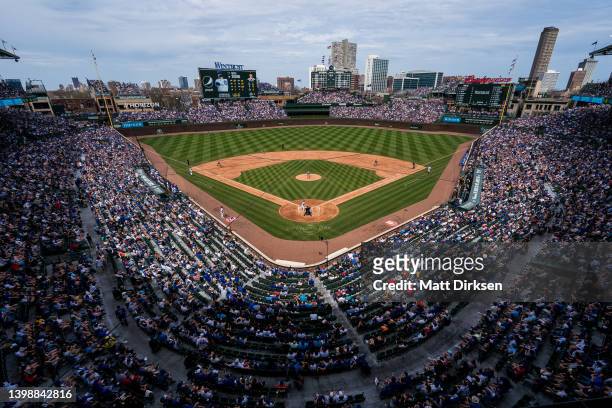 General view of Wrigley Field during a game between the Chicago Cubs and the Tampa Bay Rays at Wrigley Field on April 23, 2022 in Chicago, Illinois.