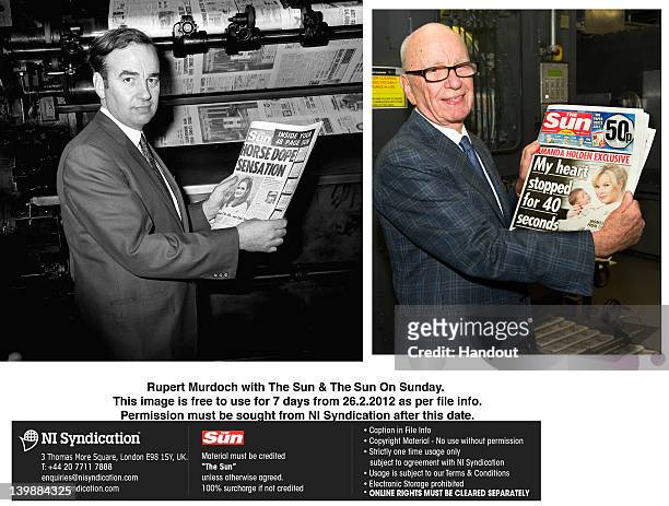In this handout composite photograph provided by News International, Rupert Murdoch, Chairman and CEO of News Corporation, reviews the first edition...