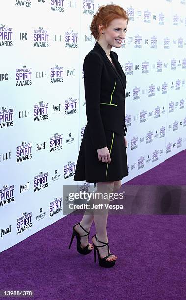 Actress Jessica Chastain arrives at the 2012 Film Independent Spirit Awards at Santa Monica Pier on February 25, 2012 in Santa Monica, California.