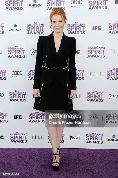 Actress Jessica Chastain arrives at the 2012 Film Independent Spirit Awards on February 25, 2012 in Santa Monica, California.