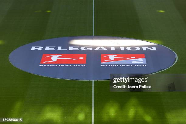 Detailed view of the 'Relegation' sign on the pitch prior to the Bundesliga Playoffs Leg Two match between Hamburger SV and Hertha BSC at...