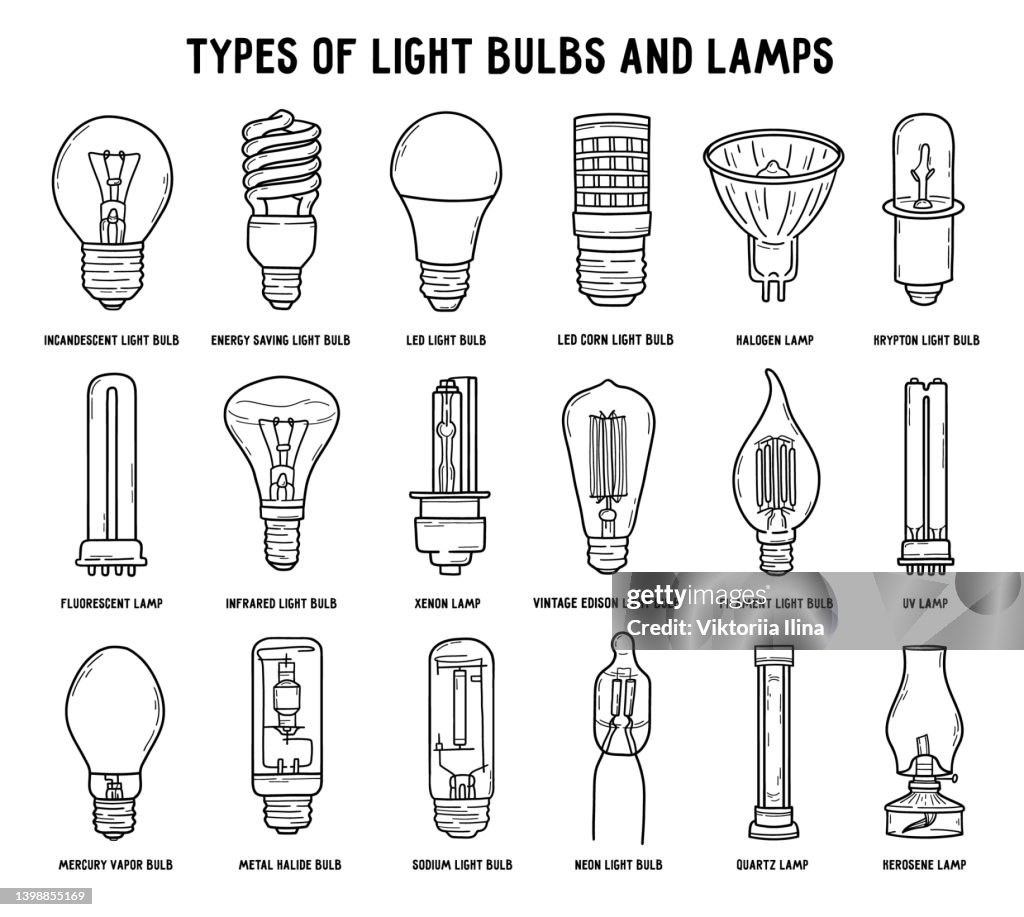 Large Light Types Types Of Electric Light Bulbs And Lamps Set In Linear Doodle Style High ...