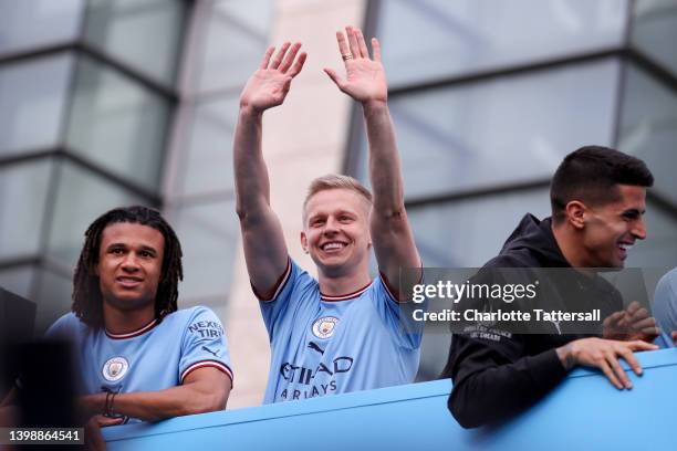 Oleksandr Zinchenko of Manchester City acknowledges the fans during the Manchester City FC Victory Parade on May 23, 2022 in Manchester, England.