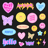 Set of Cool Groovy Stickers Vector Design. Collection of Cute Smile Patches.