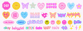 Collection of Cool Cute Stickers Vector Design. Trendy Girly Patches Collection. Smile Emotions.