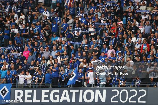 General view inside the stadium of the 'Relegation 2022' banner on the LED boards prior to the Bundesliga Playoffs Leg Two match between Hamburger SV...