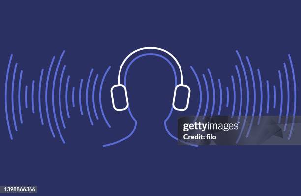 ilustraciones, imágenes clip art, dibujos animados e iconos de stock de podcast music auriculares persona escuchando ondas de sonido - auriculares