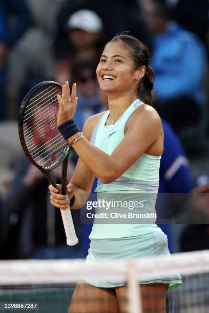 Emma Raducanu of Great Britain celebrates victory against Linda Noskova of Czech Republic during the Women's Singles First Round match on Day 2 of...