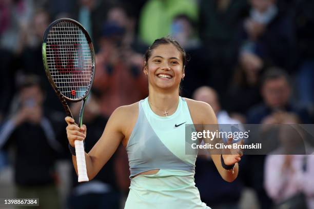 Emma Raducanu of Great Britain celebrates victory against Linda Noskova of Czech Republic during the Women's Singles First Round match on Day 2 of...