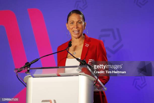 Hall of Fame Inductee Shannon Boxx gives a speech during the 2021 National Soccer Hall Of Fame Induction Ceremony at Toyota Stadium on May 21, 2022...