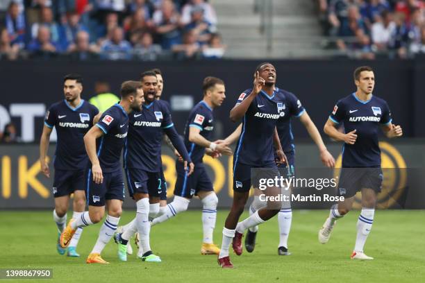 Anga Dedryck Boyata of Hertha Berlin celebrates after scoring their team's first goal during the Bundesliga Playoffs Leg Two match between Hamburger...