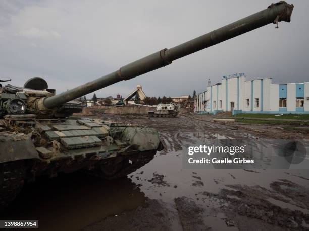 The central square of the city is now a vast field of wrecked BMP's and Russian tanks on April 21, 2022 in Trostyanets, Ukraine.Ukrainian forces...