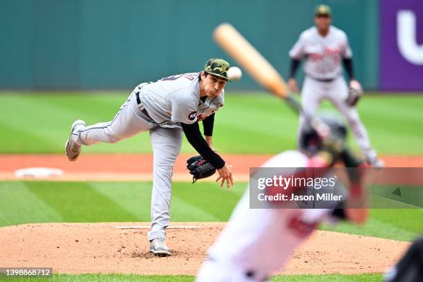 Starting pitcher Alex Faedo of the Detroit Tigers pitches to Owen Miller of the Cleveland Guardians during the first inning at Progressive Field on...