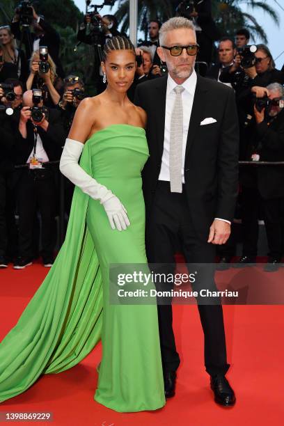 Tina Kunakey and Vincent Cassel attend the screening of "Crimes Of The Future" during the 75th annual Cannes film festival at Palais des Festivals on...