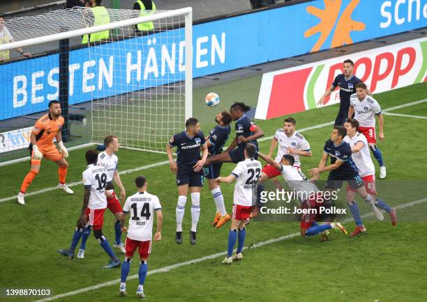 Anga Dedryck Boyata of Hertha Berlin scores their team's first goal during the Bundesliga Playoffs Leg Two match between Hamburger SV and Hertha BSC...