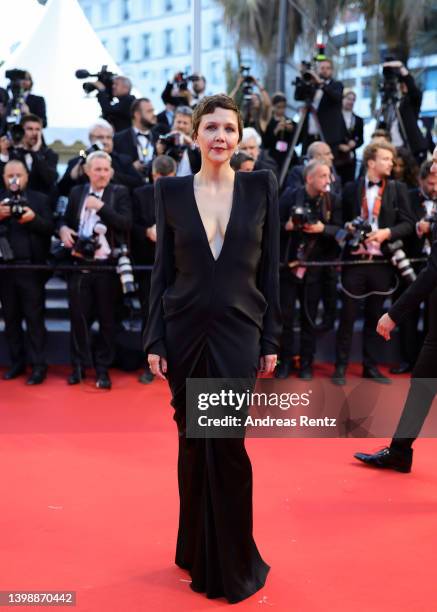 Maggie Gyllenhaal attends the screening of "Crimes Of The Future" during the 75th annual Cannes film festival at Palais des Festivals on May 23, 2022...
