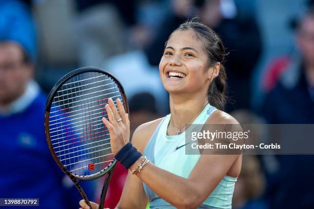 May 23. Emma Raducanu of Great Britain celebrates her victory against Linda Noskova of Czech Republic on Court Simonne Mathieu during the singles...