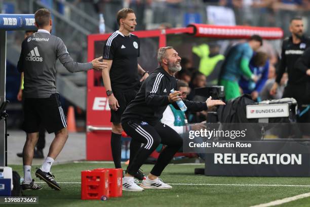 Tim Walter, Head Coach of Hamburger SV reacts during the Bundesliga Playoffs Leg Two match between Hamburger SV and Hertha BSC at Volksparkstadion on...