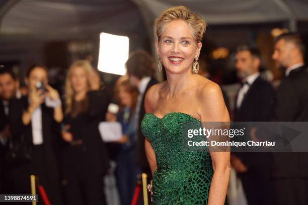 Sharon Stone attends the screening of "Crimes Of The Future" during the 75th annual Cannes film festival at Palais des Festivals on May 23, 2022 in...