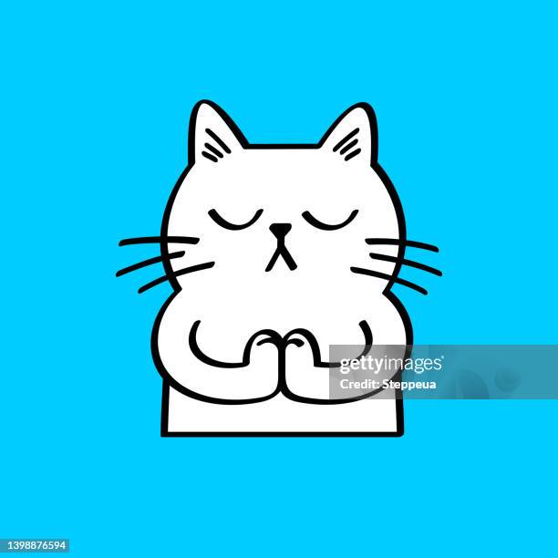 stockillustraties, clipart, cartoons en iconen met white cat doing yoga - mental wellbeing