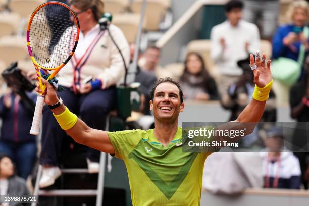 Rafael Nadal of Spain celebrates the victory against Jordan Thompson of Australia during the Men's Singles First Round match on day two of The 2022...