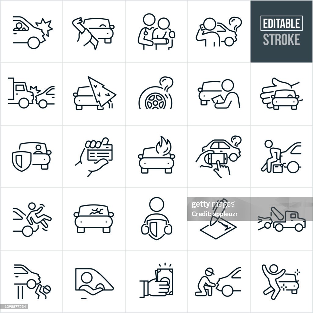 Auto Insurance Thin Line-Symbole - Bearbeitbarer Strich