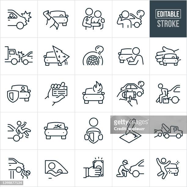 illustrazioni stock, clip art, cartoni animati e icone di tendenza di icone a linee sottili dell'assicurazione auto - tratto modificabile - accident icon