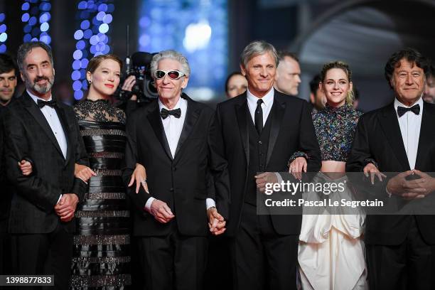 Don McKellar, Léa Seydoux, David Cronenberg, Kristen Stewart and Robert Lantos attend the screening of "Crimes Of The Future" during the 75th annual...