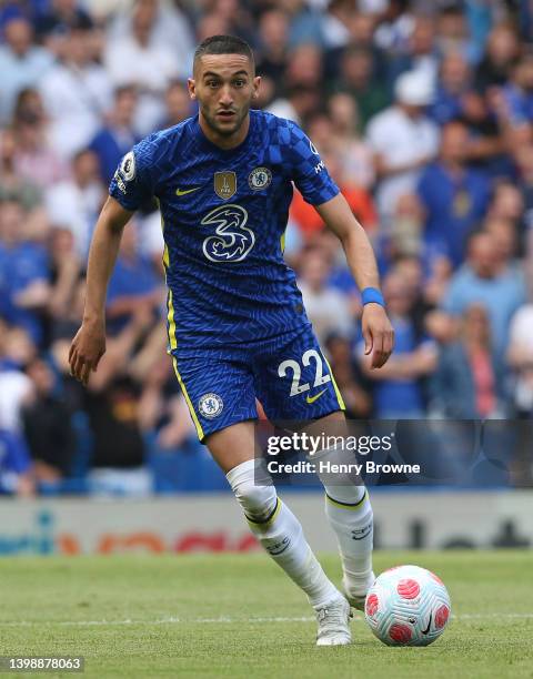 Hakim Ziyech of Chelsea in action during the Premier League match between Chelsea and Watford at Stamford Bridge on May 22, 2022 in London, United...