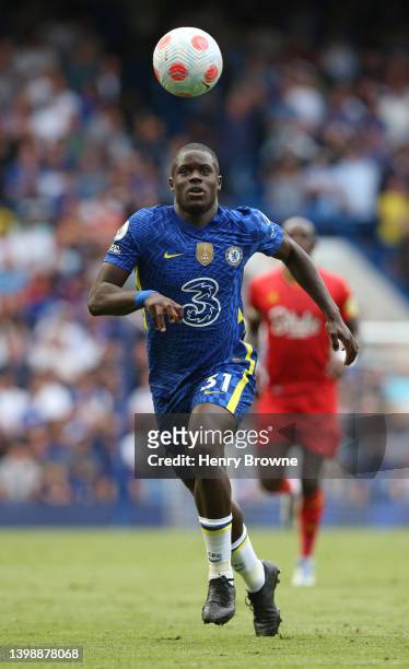 Malang Sarr of Chelsea in action during the Premier League match between Chelsea and Watford at Stamford Bridge on May 22, 2022 in London, United...