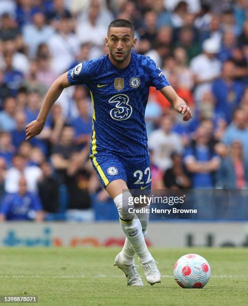 Hakim Ziyech of Chelsea in action during the Premier League match between Chelsea and Watford at Stamford Bridge on May 22, 2022 in London, United...