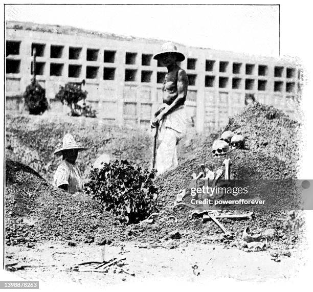 stockillustraties, clipart, cartoons en iconen met grave diggers removing remains at panteón santa paula cemetery because the family could not pay the burial tax in guanajuato city, mexico - 19th century - guanajuato staat
