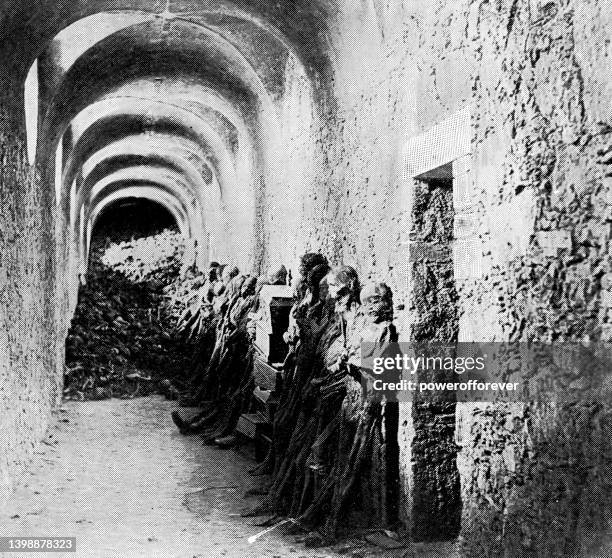 the first exhumed mummies at the catacombs in guanajuato city, mexico - 19th century - mummified stock illustrations
