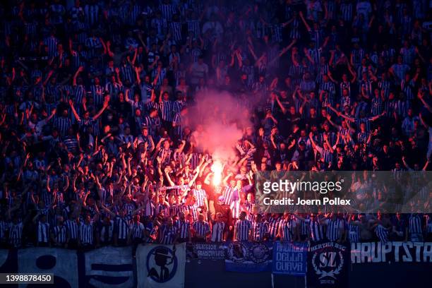 Fans of Hertha Berlin show their support during the Bundesliga Playoffs Leg Two match between Hamburger SV and Hertha BSC at Volksparkstadion on May...