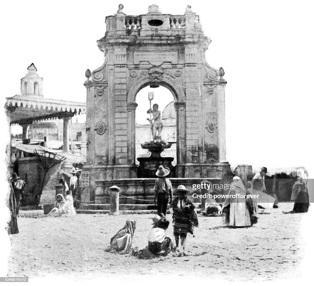 The Neptune Fountain at Corregidora Plaza in Querétaro City, Mexico - 19th Century