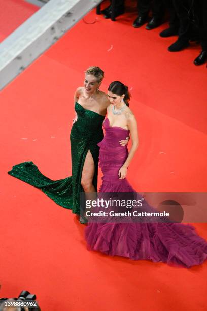 Sharon Stone and Helena Gatsby attend the screening of "Crimes Of The Future" during the 75th annual Cannes film festival at Palais des Festivals on...