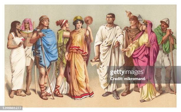 old chromolithograph illustration of ancient egyptian and greek clothing - romano fotografías e imágenes de stock