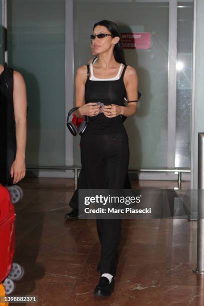 Model Bella Hadid is seen arriving ahead of the 75th annual Cannes film festival at Nice Airport on May 23, 2022 in Nice, France.